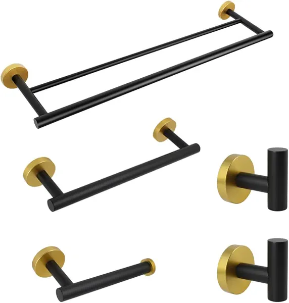 kimzcn 5-Pieces Bathroom Accessories Kit Black & Gold Wall Mounted - Includes 24" Double Towel Bar, 12" Hand Towel Bar, Toilet Paper Holder, 2X Robe Towel Hooks