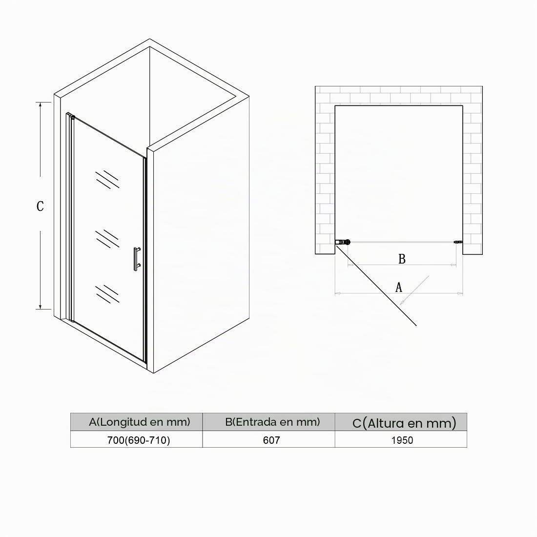 SONNI Mampara de Ducha Puerta Enrasada Vidrio 5mm Templado Transparente 70x195 cm
