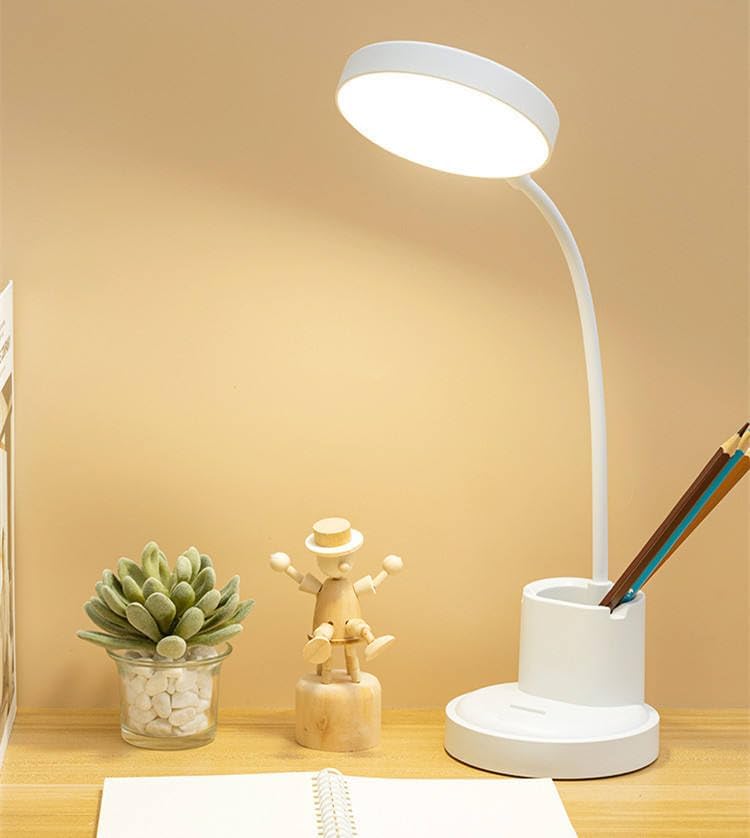 Image of Kimee LED Study Light for Desk with Stationery Organizer & Mobile Holder - Cordless Table Lamp for Students & Work from Home - 3 Modes Eye Protection Reading Lamp (Round, Regular)