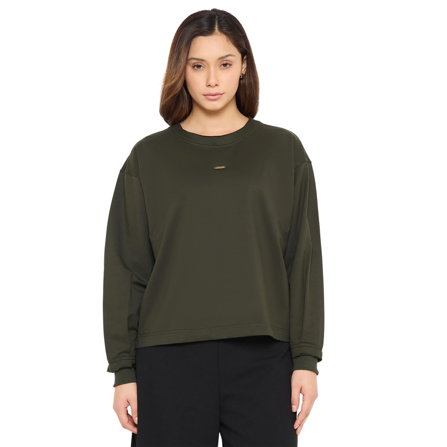 Women Semi-Cropped Length Oversized Fit Sweatshirt, Olive, Large-image-11