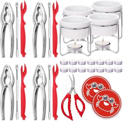 Luvan 33 Pcs Crab Crackers and Tools Set with 4 Crab Leg Crackers, 4 Crab Forks, 4 Lobster Shellers, 4 Butter Warmers, 1 Seafood Scissors, 14 Tealight Candles and 2 Crab Grabbers - Seafood Tools Set