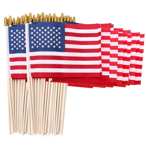 100 Pack 5x8 Inch Small American Flags on Stick Mini/US Handheld Stick Flags with Kid-Safe Spear Top Perfect for Memorial Day Independence Day Decorations