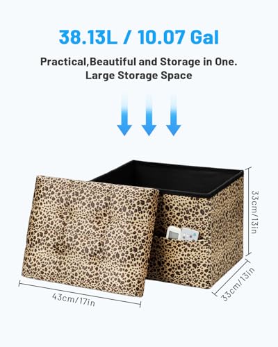 Image of Bsketa Storage Ottoman, 17 inch Folding Velvet Foot Rest,Leopard Print 2 Pack | Small Ottoman with Side Pockets, Thicker Foam Padded Seat, Livingroom, Dorm, Bedroom, Easy to install, 43L,17x13x13in