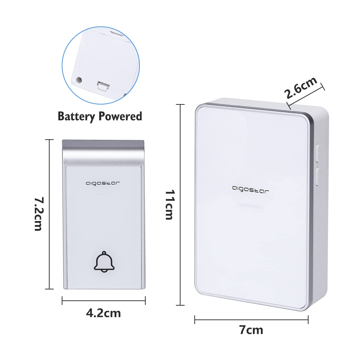 Aigostar Ring DC- Timbre Inalámbrico para Puerta, Exterior IP44 impermeable, timbre inalámbrico a pilas, de Puerta con Indicadores LED, 3 Niveles de Volumen Ajustables, 36 Melodías, Blanco