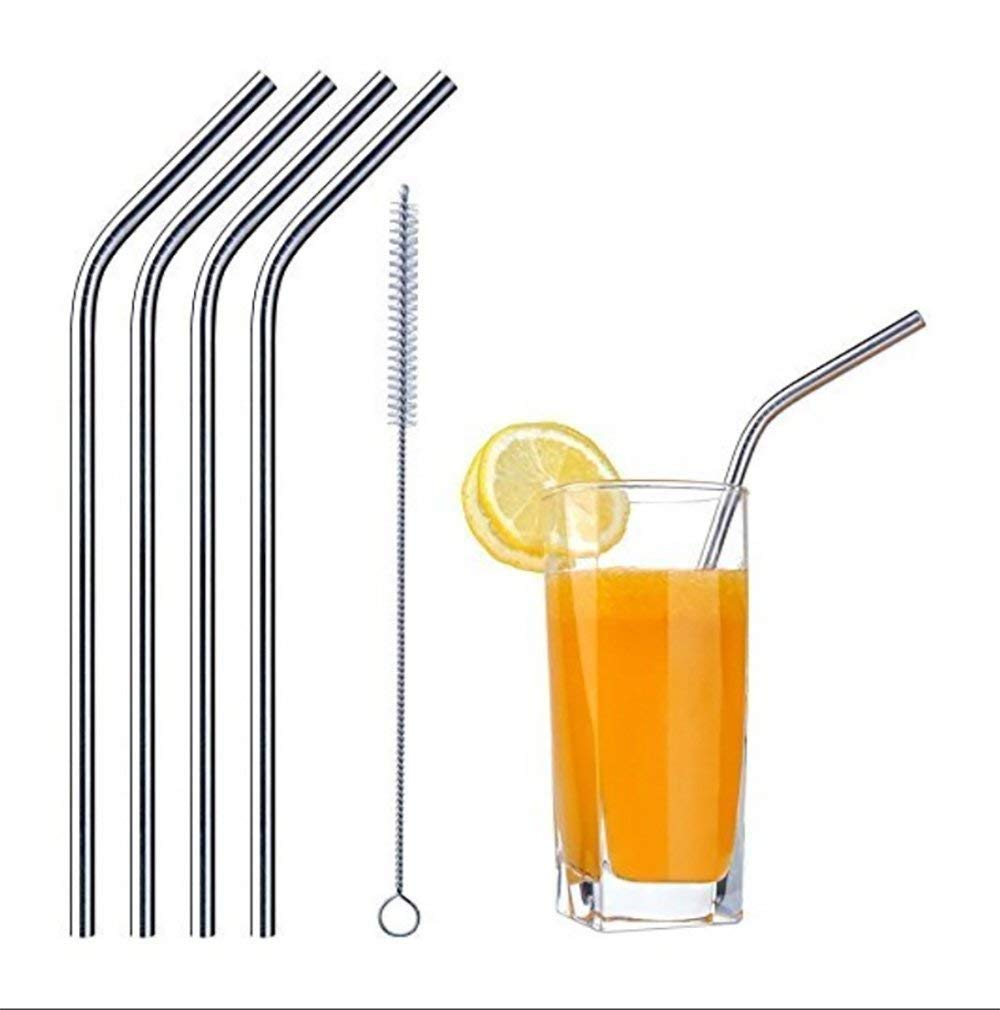 CRENTILA Reusable BPA-Free Metal, Thick, Long, Dishwasher Safe Stainless Steel Drinking Straws, 8.5 Inches (2 Straight, 2 Bend and 1 Cleaning Brush) - Set of 4