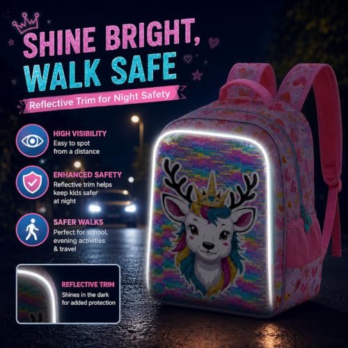 Image of CCJPX 16 inch Sika deer Backpack for Girls, 3Pcs Kids Sequin Bookbag with Lunch Box, Water Resistant Elementary School Bag for Kindergarten Preschool Toddler (Pink)