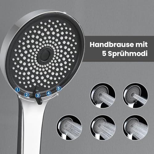 Duschstange Komplettset ohne Duscharmatur, mit ohne Bohren Ablage, 5-fach Handbrause-Höhenverstellbarer, Edelstahl Schlauch, 70cm Duschsystem mit Duschbrause für Kabine/Badewannen, ohne Regendusche
