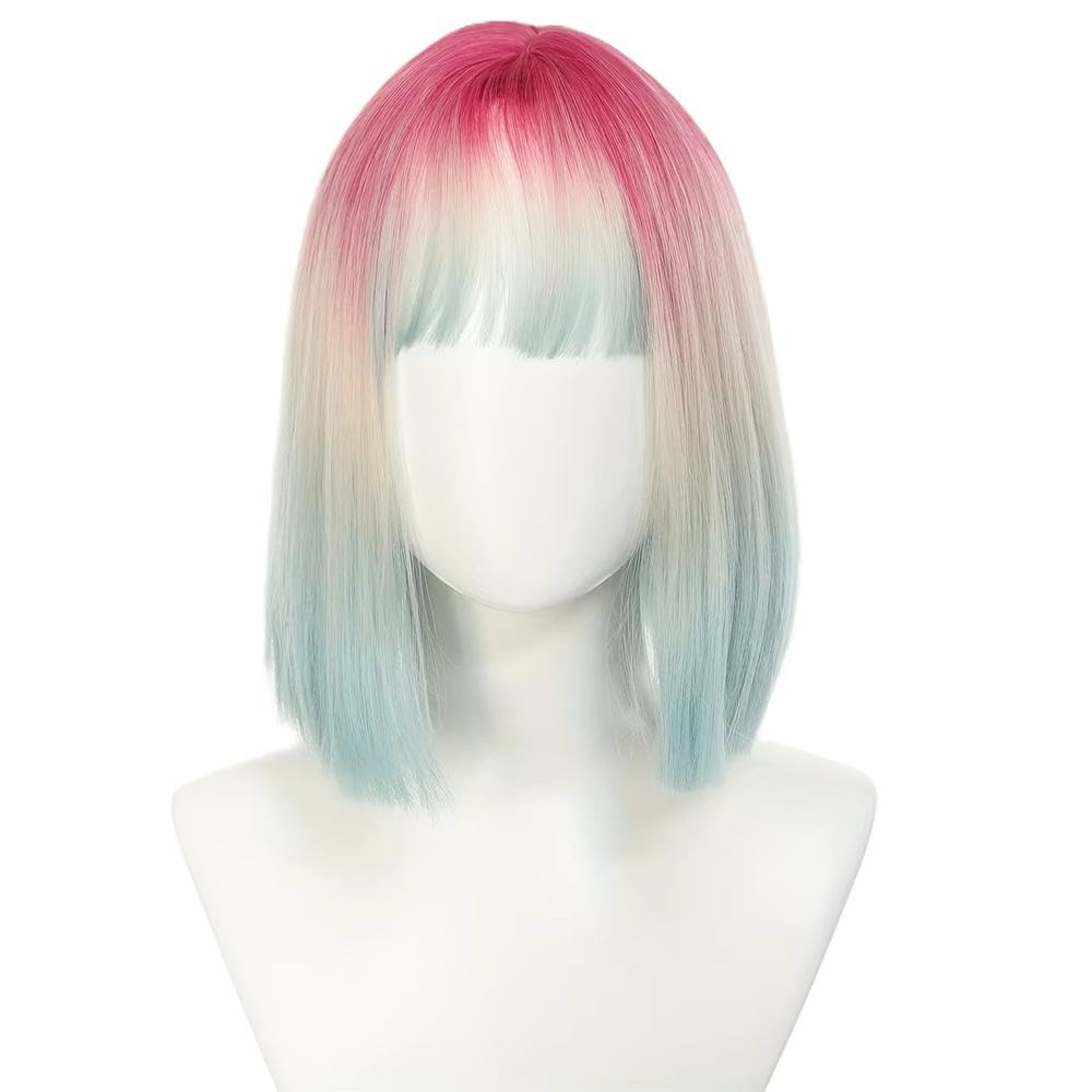 Accessori Parrucche Parrucca Corta Diritta Blu Sfumata Rosa Con Frangia Per La Festa Cosplay Quotidiana Delle Donne