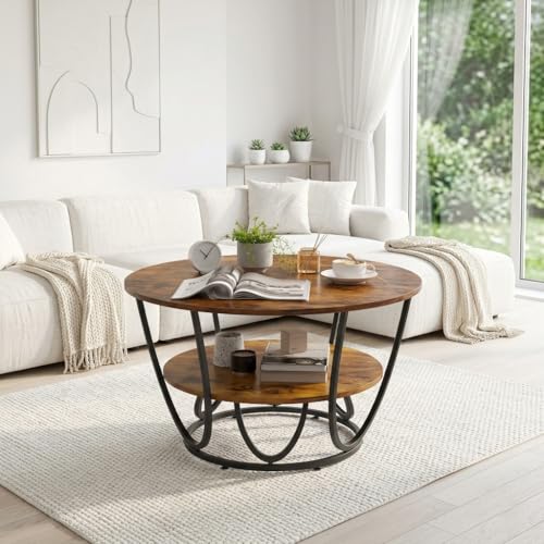 Image of EDEUEQUE Round Coffee Table Modern Sofa Side Table for Living Room End Table Telephone Table with 1 Shelf Storage Wooden Tabletop-Marble Print with Metal Frame (Black Brown)