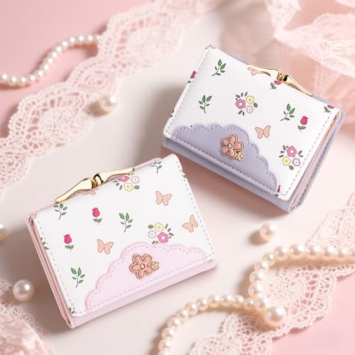 Image of YINHEXI Cute Trifold Wallet for Women Girls, Press-Lock Coin Wallet with ID Window, PU Leather Floral Small Wallet, Fits Purses & Pockets (Floral Pink2)