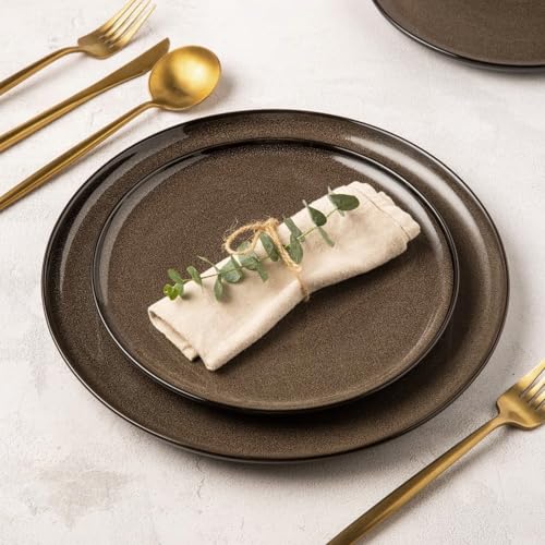 Image of LeRatio Ceramic Dinnerware Sets for 4,12-Piece Plates and Bowls,Handmade Reactive Glaze Dishes Set, Scratch Resistant | Oven&Dishwasher & Microwave Safe,Service for 4(12pcs),Modern-Chestnut
