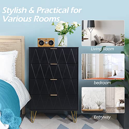 Anbuy Dual 4 Drawer Dresser, Double Drawer Chest, Two Tall Storage Dresser Cabinet Organizer Unit with Metal Legs for Bedroom, Living Room, Closet (Black Set of 2)