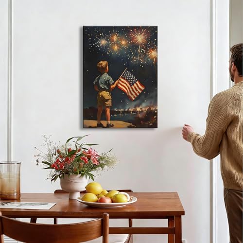 Image of RIBNTAK Patriotic 4th of July Fireworks and American Flag Canvas Wall Art, Little Boy with US Flag Painting, Independence Day Wall Decor for Living Room, Bedroom, Home and Office, Made in USA