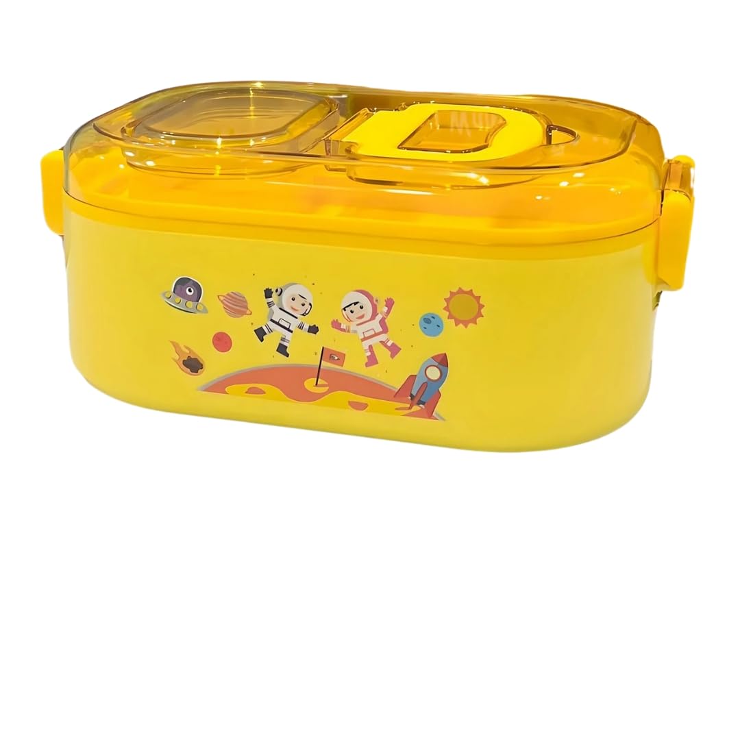 PLUSPOINT Space Theme Stainless Steel Lunch Box for Kids Microwave Safe Insulated Tiffin Box Cute Cartoon 700ml Astronaut Tiffin Box Tableware Set Portable Containers for School Boys, Girls