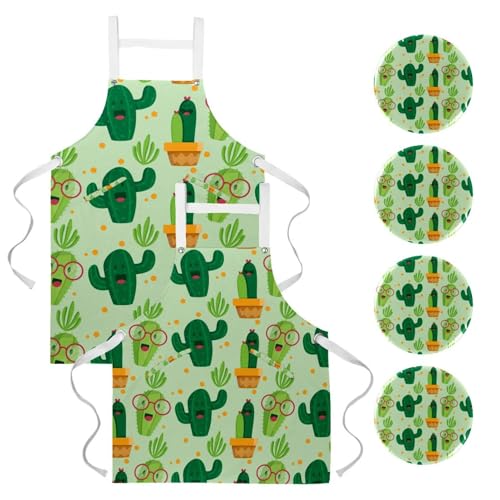 Lot de 2 tabliers de cuisine motif cactus vert avec broches