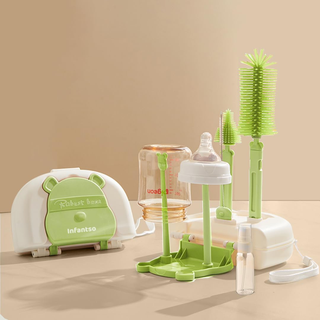Infantso Robust Bear (6-in-1) 360° Movable Silicone Bristle Baby Feeding Bottle & Nipple Cleaning Brush Set | Easy to Clean Bottle Corners for Narrow Neck & Wide Neck | BPA Free, Easy Drying Storage