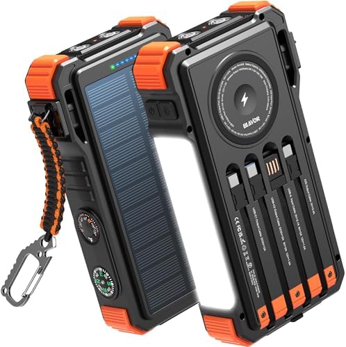 BLAVOR Solar Power Bank with Built in Cable 20000mAh Fast Charging Portable Charger, 20W USB C Battery Pack for Mobile Phones with Camping Light, Flashlight, Wireless Charging for Apple Watch