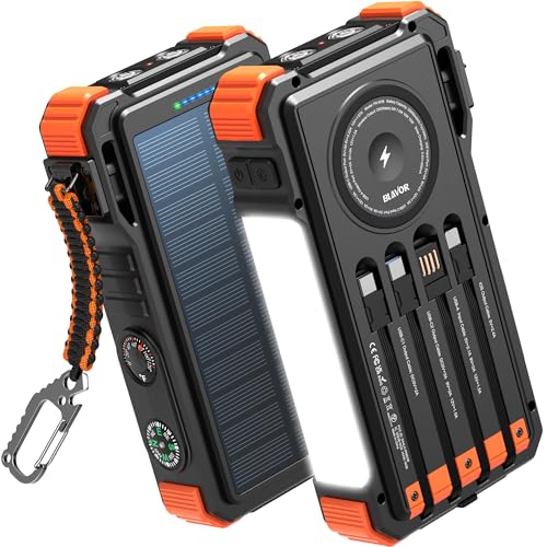 BLAVOR Solar Power Bank 20000mAh Built-in Cables, Wireless Charger for Apple Watch, 20W Fast Charging Battery Pack with USB C, Flashlight, Solar Charger for iPhone, iPad, iWatch, Samsung