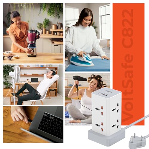 Image of OTEK Extension Board with 8 Universal Sockets 2 USB & 2 Type C Ports 2 Meter Cord 2500W 10A Surge Protector Master Switch Safety Shutter Multiplug Power Strip for Home Office White