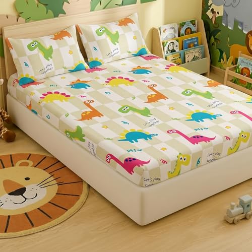 Image of Filymore Elastic Fitted Dinosaur Double Bedsheet with 2 Pillow Cover | 240 TC Soft Microfiber Bedcover for Kids Room| Bedspread for Mattress Size 72 inch x 72 inch Inch | Green & White