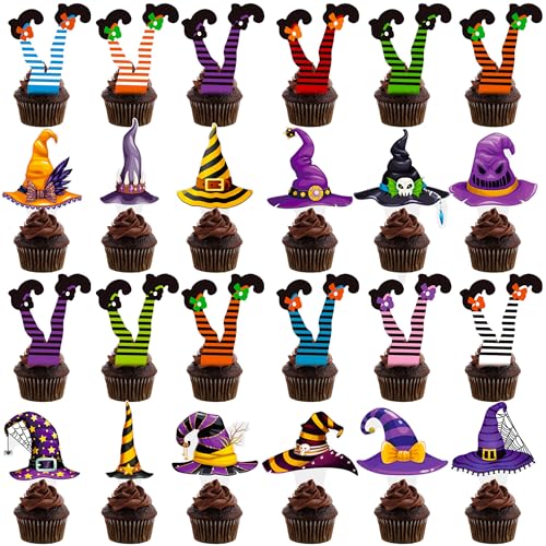 Halloween Party Decorations Witch Hat and Legs Cupcake Toppers 48PCS Witch Stocking Theme Cake Decorations Fantasy Hats Shoes Cupcake Picks for Magic Wizard Birthday Baby Shower Party Supplies