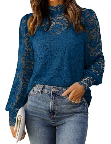 HOTOUCH Lace Shirt Long Sleeve Sheer Lace Going Out Tops for Women Dressy Casual Overlay Mock Neck Shirt Dark Blue XL