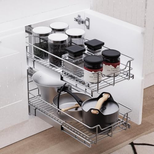 Image of 2 Tier Pull Out Cabinet Organizer 21 inch W X 22 inch D, Chromed, Full Slide Out
