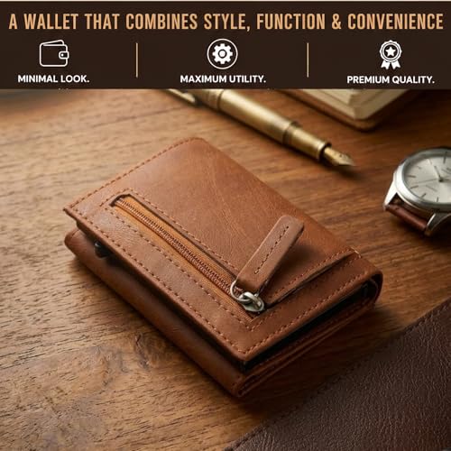 Image of Slim Leather Card Holder Wallet, Black, RFID Blocking, Zipper Pocket, Pop-Up Card Ejector (TAN)
