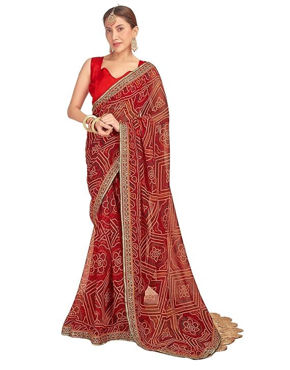 VivatraWomen's Georgette Bandhani Printed Sequence Embroidery Lace Saree With Unstitched Blouse Piece