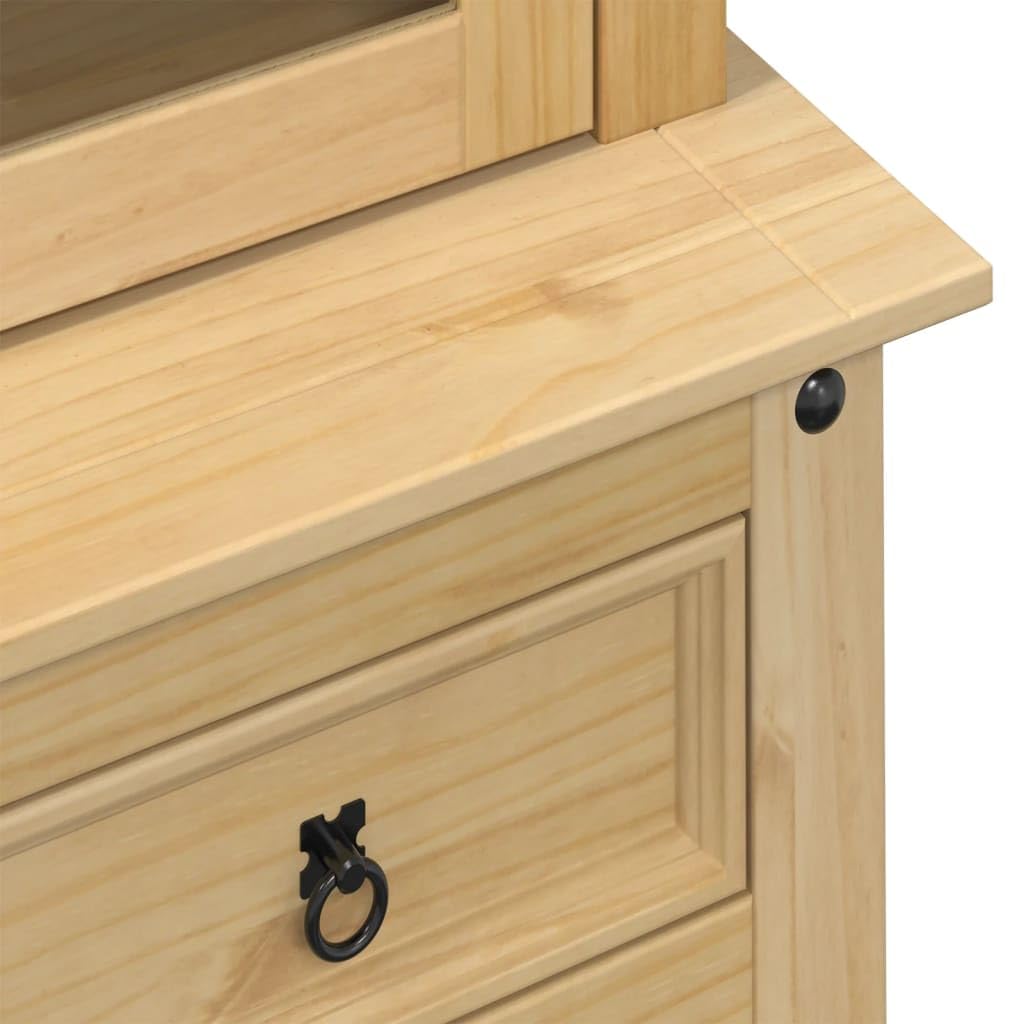 Vitrina Corona 100 x 48,5 x 179 cm, madera maciza de pino acabado en cera de miel, armario rústico con puertas de cristal, espacio de almacenamiento para colecciones, duradero, resistente
