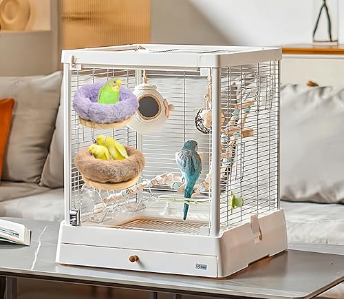 Image of 2Pcs Bird Perch Stand Platform Plush Parrot Hanging Hammock Warm Bird Nest Snuggle Hut Birds Sleeping Bed Wood Perch for Parrot,Budgies,Parakeet,Cockatiels,Conure,Lovebirds-Purple&Brown