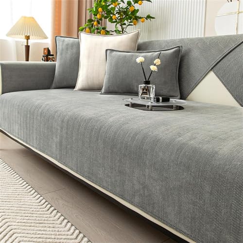 LINGKY Herringbone Chenille Fabric Furniture Protector Sofa Cover 1 2 3 Seater, Non-Slip Sofa Slipcovers for Corner L Shape, Thick Textured Couch Cushion Covers Furniture Protector (Grey,70x180cm)