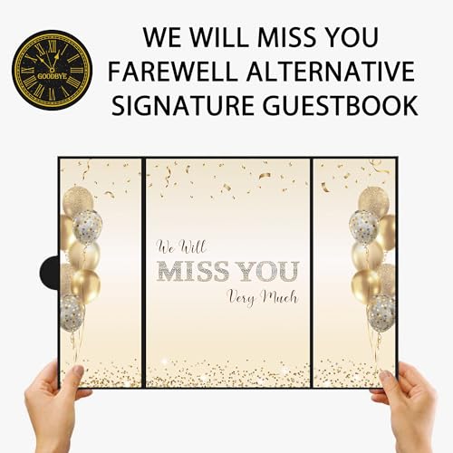 Image of DARUNAXY Black Gold Farewell Party Decorations, We Will Miss You Very Much Alternative Signature Guest Book for Men Women Going Away Gifts Signing Card Board for Retirement Graduation Party Supplies
