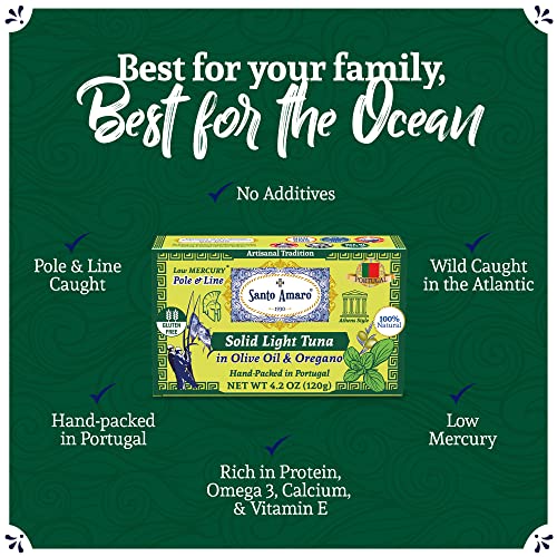 Image of Santo Amaro - Artisanal Wild Tuna Fillets in Olive Oil & Oregano, Pole & Line Caught Tuna from Portugal, Hand-Packed Athens-Style Canned Tuna Fish, 22g Protein, Paleo, Keto, Low Mercury, Pack of 3