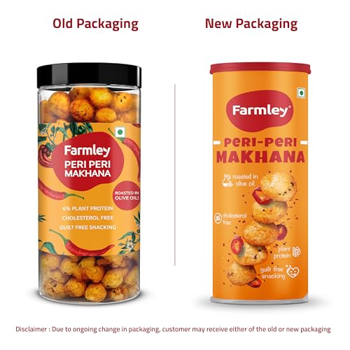 Image of Farmley Roasted Makhana, Peri Peri & Cream & Onion Flavour I 77g Each I Healthy Snack Roasted in Olive Oil | Guilt-Free & Crunchy Munchies | Pack of 2