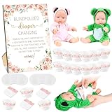 Seeloowy 17 Pcs Baby Dolls Set for Baby Shower Game Include 2 baby dolls, 2 eye masks, 12 diapers, 1 holder on the back, Blindfolded Diaper Changing Game for Boy Girl Gender Reveal (Flower)