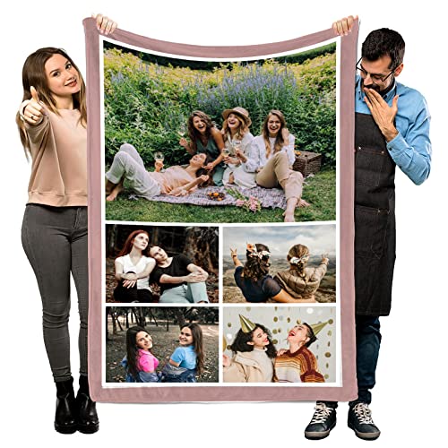 Personalisierte Decke, benutzerdefinierte Decke mit Ihrem eigenen Foto Text angepasste Decke drucken weiche Flanelldecke Geschenk für Freunde Familien Geburtstag Jahrestag Weihnachten (with 5 Photo) Cover
