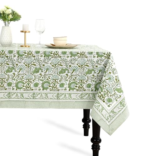 CPC Agate Green Block Print 100% Cotton Rectangle Tablecloth 60x108 Inch