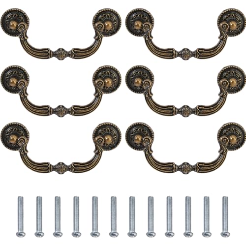 Image of SUPERFINDINGS 6Pcs Drawer Pulls Handles 3.7 Inch Hole Center Antique Drop Drawer Pull Vintage Antique Bronze Cabinet Dresser Handles for Dresser Cupboard Wardrobe Kitchen Door