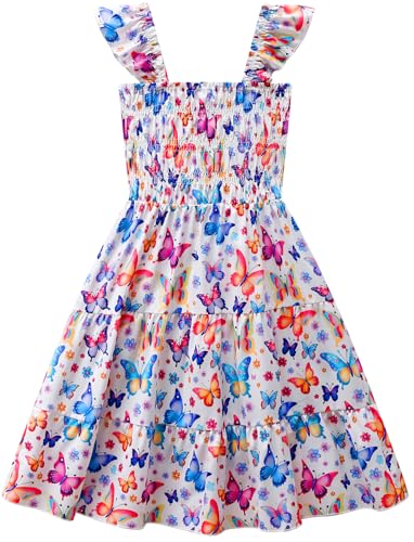 Little Girls Dresses Casual Summer Dress Ruffle Sleeve Floral Tiered Sundress Smocked Shirred Party Dress 3-10 Years