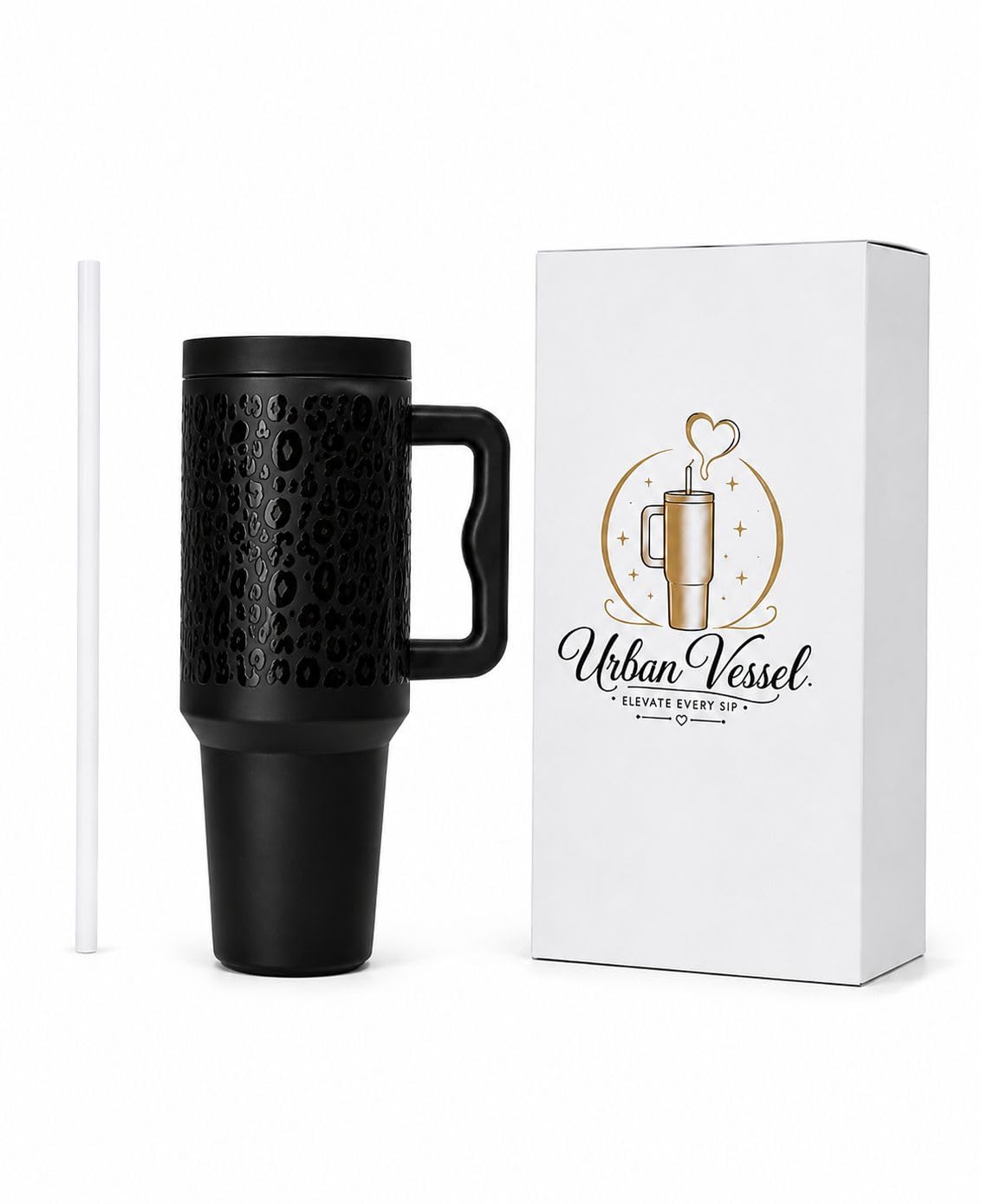 Meeram 40 Oz Vacuum Insulated Stainless Steel Tumbler with Handle & Straw | Double Wall Leakproof Travel Coffee Mug for Car, Office & Gym | Hot & Cold Water, Drinks | Black Leopard |1200ML (Black) Product Image 1
