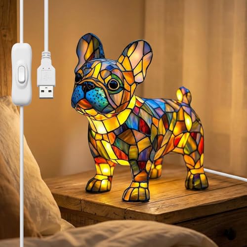 CECOMBINE Lampada animale macchiata, lampada bulldog francese, lampade per cani in vetro colorato, luce notturna da tavolo in resina, stile retrò, atmosfera calda per la casa, lampade da tavolo a tema