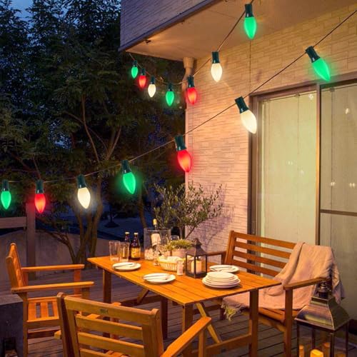 Image of GOOTHY C7 Christmas String Lights, 25Ft Outdoor Decorations with 27 LED Red White and Green Shatterproof Bulbs, Hanging Patio Lights for Tree Backyard Holiday Party Decor