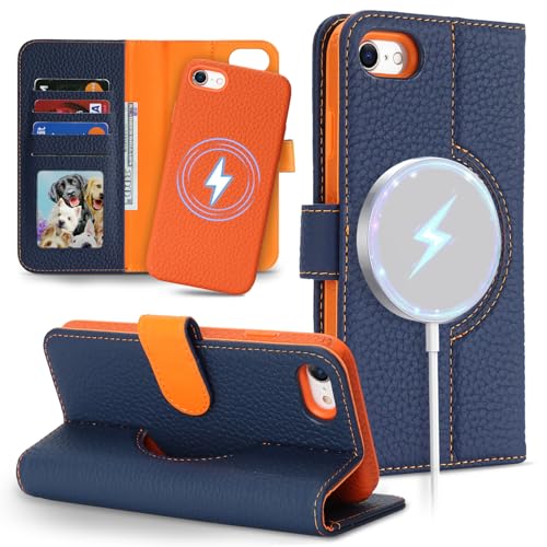Image of Detachable Genuine Leather Case for iPhone SE 2020 /SE 2022 /7 /8 Wallet Case Magnetic 2in1 Removable Flip Cover Book Purse Compatible with Magsafe Charging Stand Card Holder-Navy Blue+Orange
