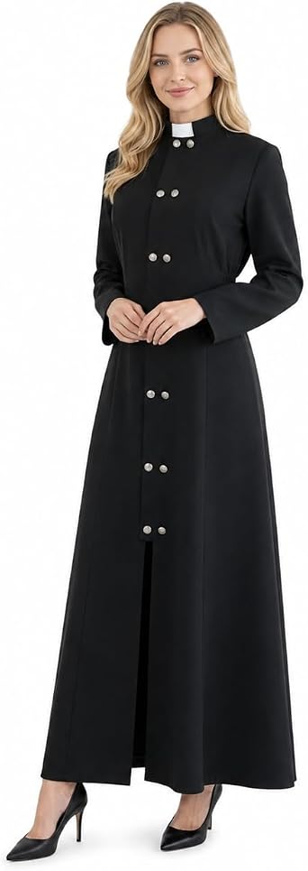 Clergy Dress for Women Elegant Black A-Line Maxi Long Sleeves Dress with Double-Breasted Buttons Stand Collar and Side Slit