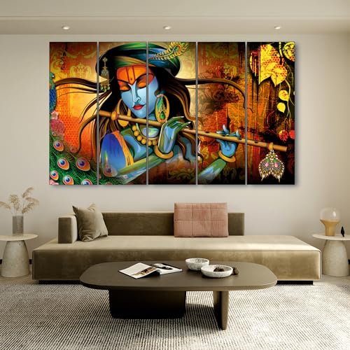 The Castle Decor-Krishna flute painting with frame 5 Big Size (27x48) Multiple Frames Wall Art Painting for living room,Bedroom,Drawing room,Hotels-Wooden Framed-Digital Painting