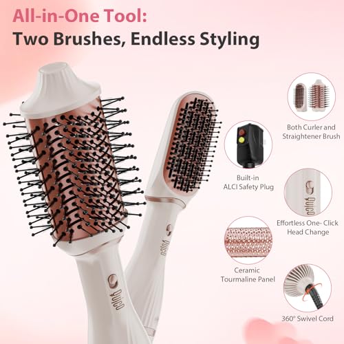 Image of Hair Dryer Brush, Quico 4-in-1 One-Step Ionic Oval&Flat Brush Hot Air Brush | Pro Blow Dryer Brush Set with Detachable Blowout Brush for Salon Blowout, Curl, Volumize and Straighten, Anti-frizz, Pink