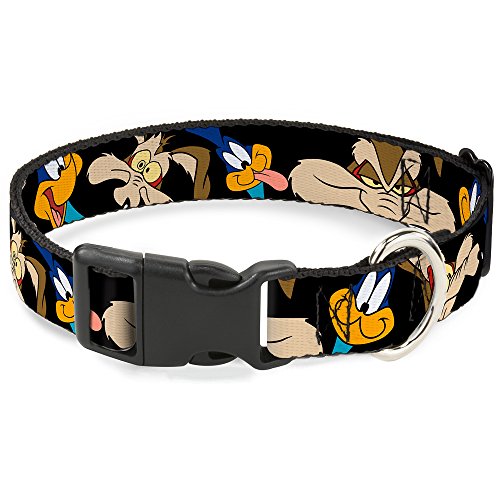 Buckle-Down Road Runner/Wile E. Coyote Expressions CloseUp Black Plastic Clip Collar, Narrow Small/6-9