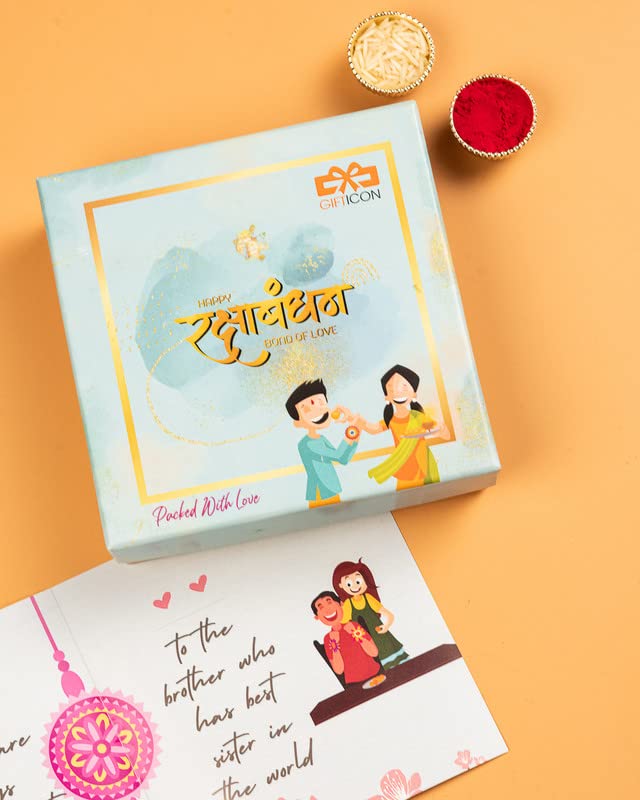 Image of Gifticon Bhaiya Bhabhi Rakhi for Brother and Bhabhi with Chocolate - 1 Pair of Bhaiya Bhabhi Rakhi | 1 Celebrations Pack | 1 Greeting Card | Roli Chawal | Gift Box | IB16