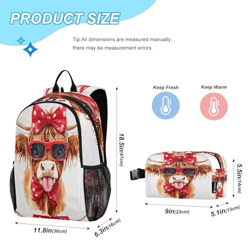 ALAZA Watercolor Highland Cow Bow Kids Backpack Elementary Girls Boys Bookbag Rucksack Primary School Bag Backpack Set with Lunch Bag2